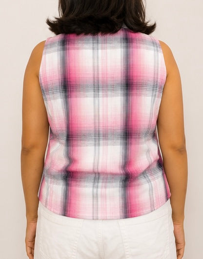 Pink Plaid Sleeveless Mandarin Collar Top