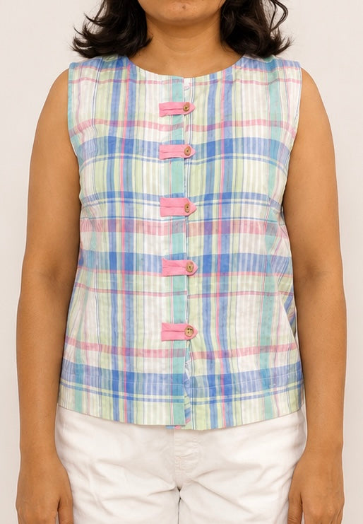 Pastel Plaid Frog Closure Vest