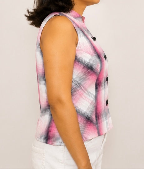 Pink Plaid Sleeveless Mandarin Collar Top