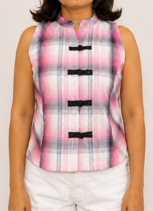 Pink Plaid Sleeveless Mandarin Collar Top