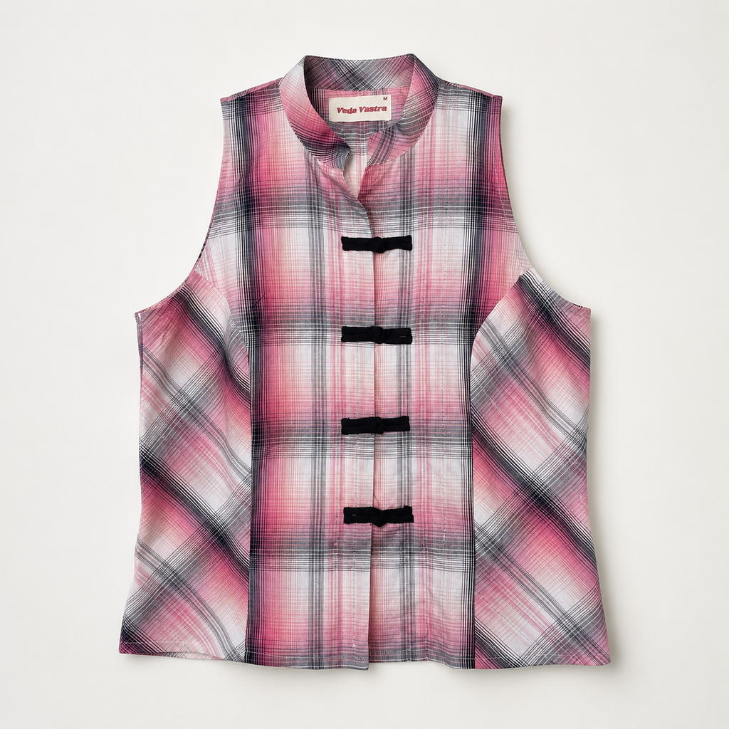 Pink Plaid Sleeveless Mandarin Collar Top