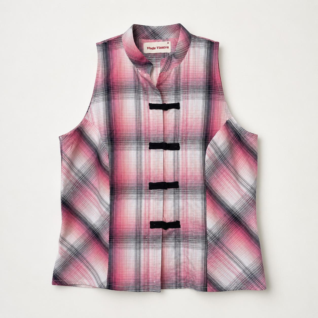 Pink Plaid Sleeveless Mandarin Collar Top