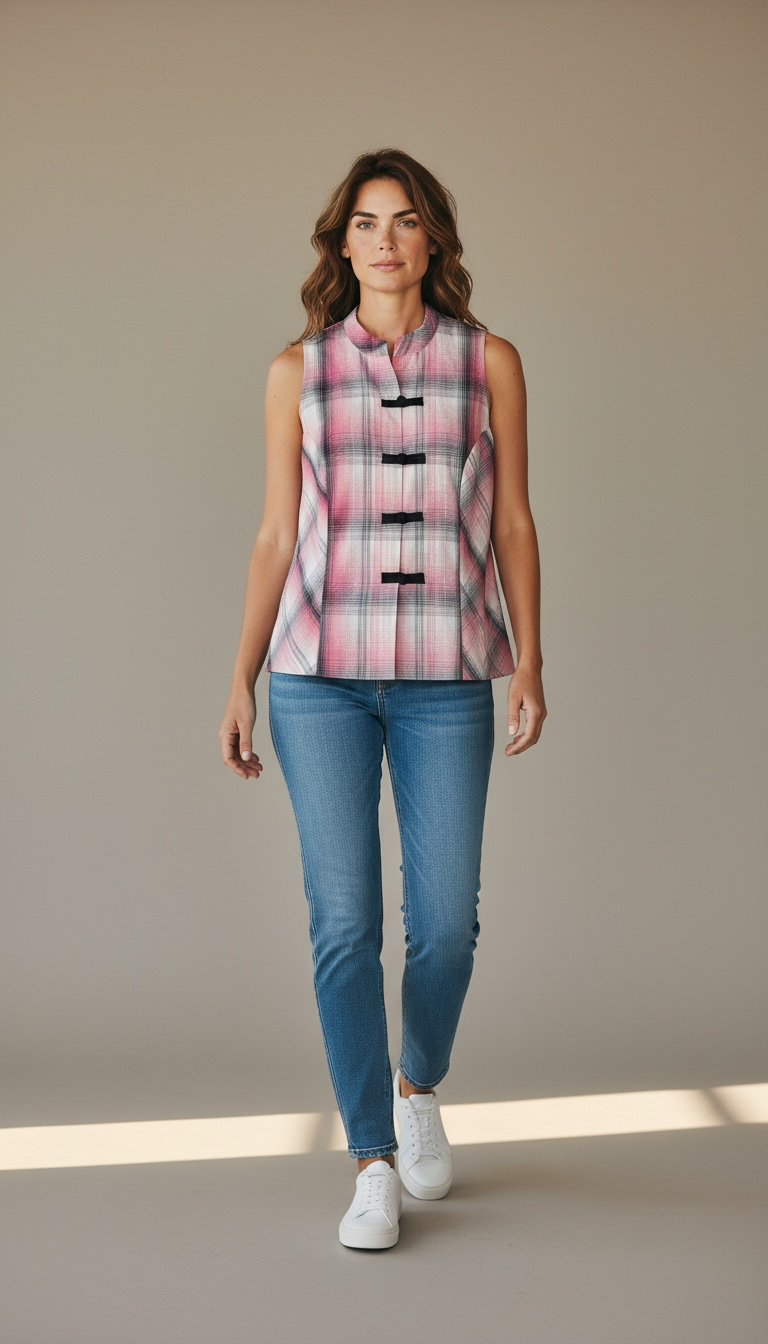 Pink Plaid Sleeveless Mandarin Collar Top