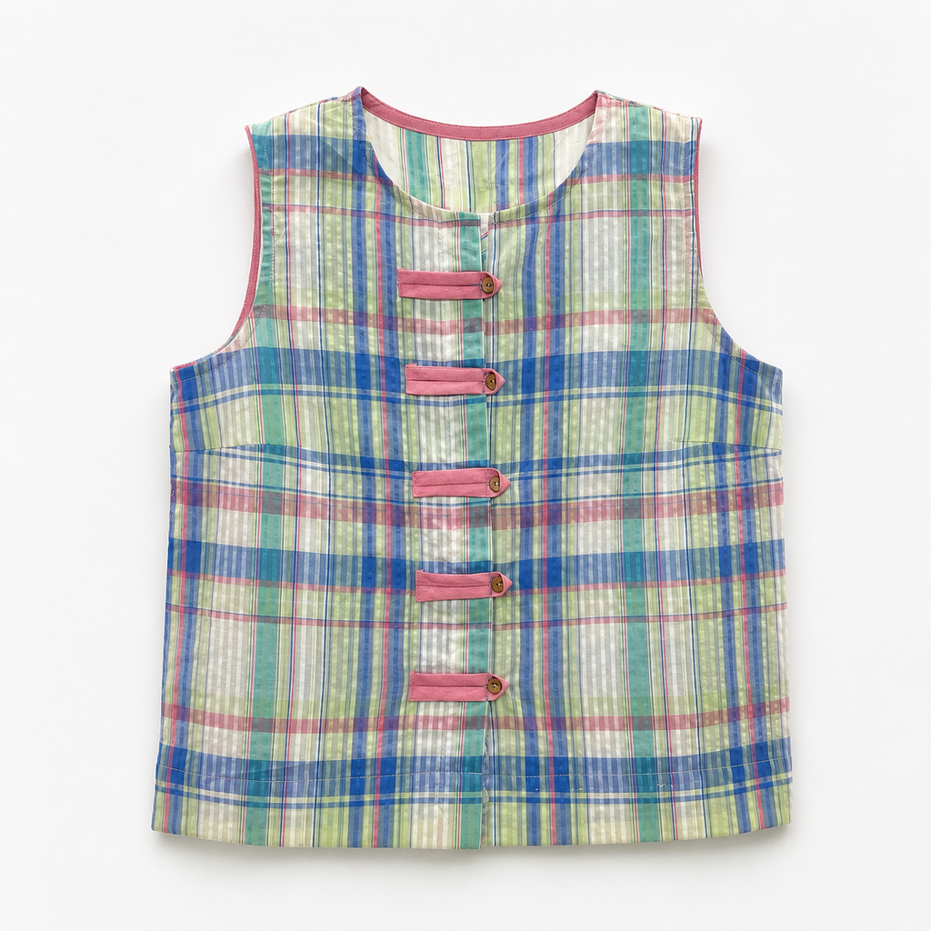 Pastel Plaid Frog Closure Vest